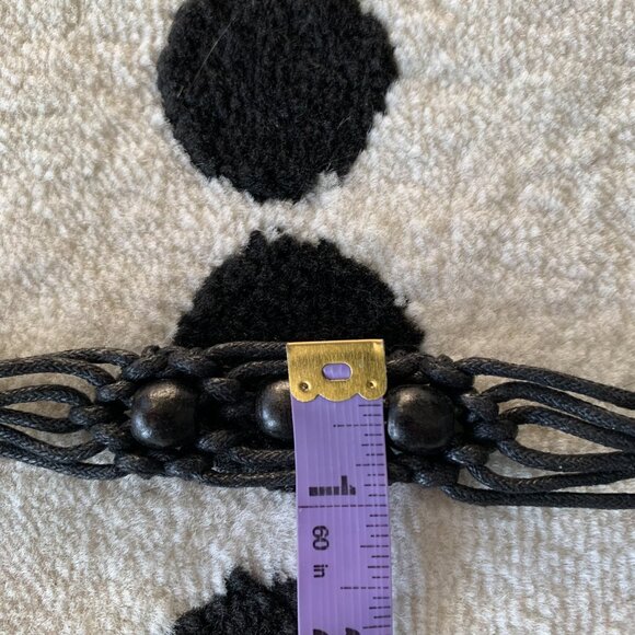 Vintage Y2K Boho Hippie Wood Beaded Black Leather Cord Rope Fringe Tie Hip Belt - Picture 9 of 9